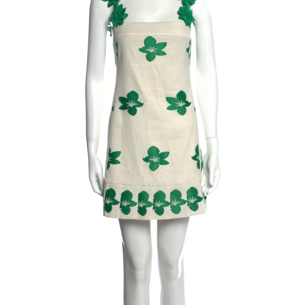 Alexis Cream Mini Dress With Green Floral Appliqu